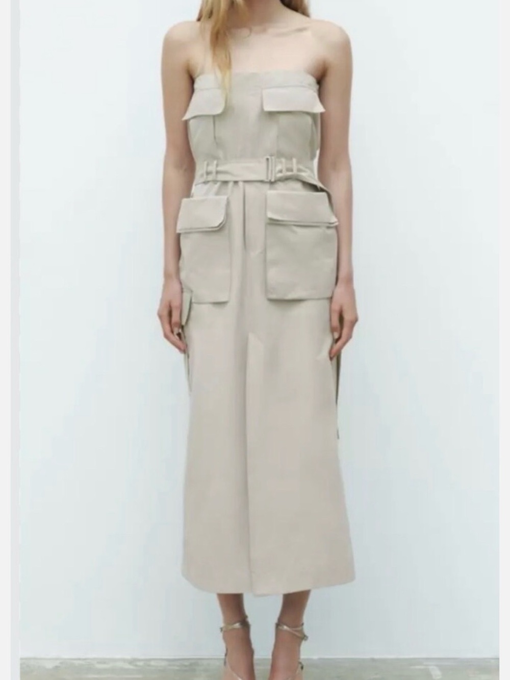 Zara Strapless Cargo Midi Dress in Light Beige